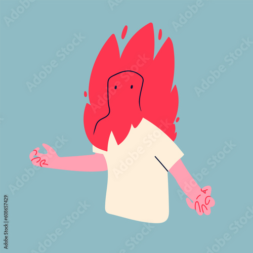 Mad, angry person with burning head. Cartoon style character. Hand drawn Vector isolated illustration. Bad mood, stress, rage, anger, burnout, headache, panic, overworking concept