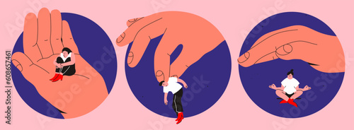 Set of big hands and small people. Giant hand holding and covering tiny persons. Psychological help, support, calmness, assistance concept. Hand drawn round Vector isolated illustrations