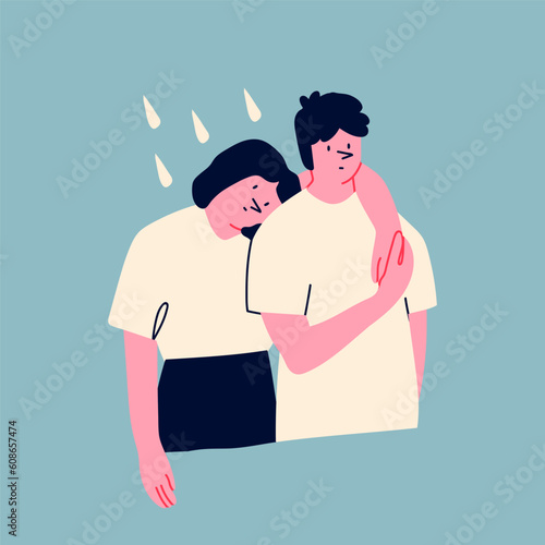 Sad couple standing under rain drops. Cartoon style characters. Hand drawn Vector isolated illustration. Bad mood, sadness, depression, sorrow, mental health problem, psychological disorder concept