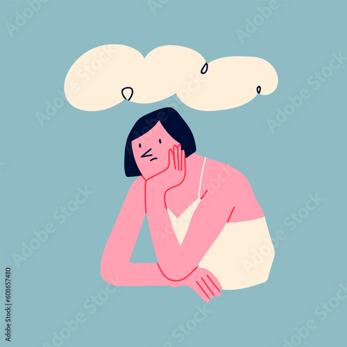 Sad person sitting under the cloud. Cartoon style character. Hand drawn Vector isolated illustration. Bad mood, sadness, depression, sorrow, mental health problem, psychological disorder concept