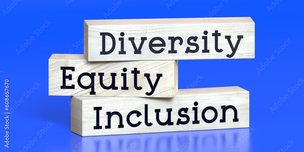 Diversity, equity, inclusion - words on wooden blocks - 3D illustration