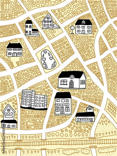 Urban map of street  houses  and town landscape doodle hand drawn