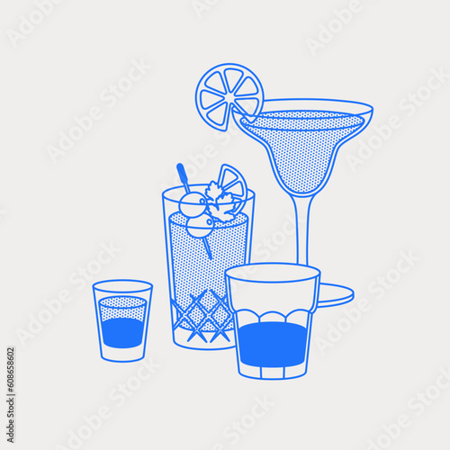 Margarita, Bloody Mary, and a short drink. Line art, retro. Vector illustration for bars, cafes, and restaurants.
