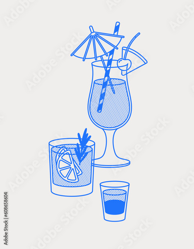 Pina colada, gin and tonic, and a short drink. Line art, retro. Vector illustration for bars, cafes, and restaurants.