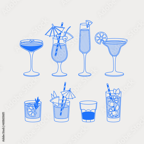 Eight cocktails with garnish. Line art, retro. Vector illustration for bars, cafes, and restaurants.
