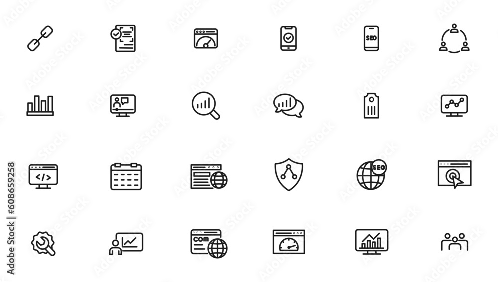 Search Engine Optimization and web development. Thin line web icon collection
