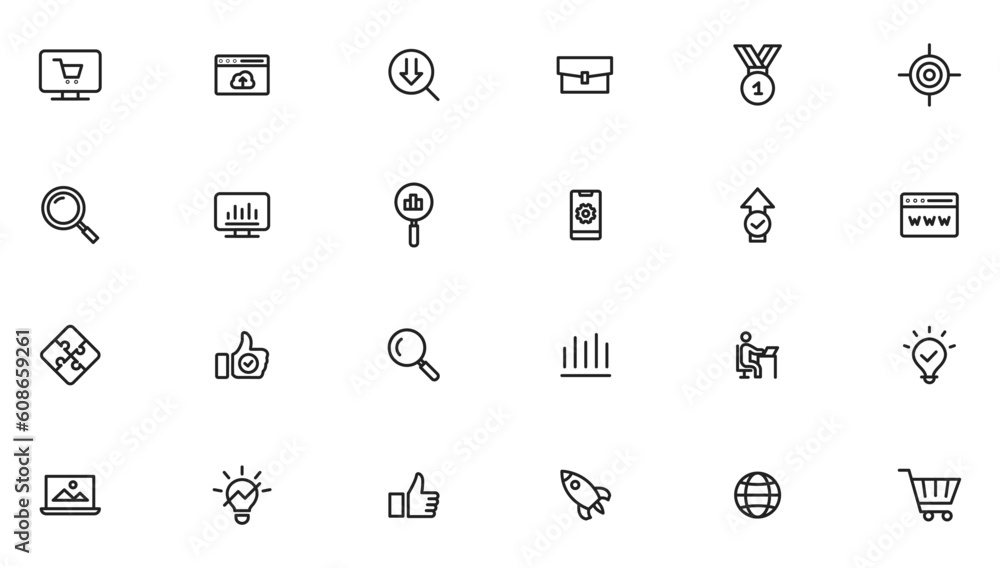 Search Engine Optimization and web development. Thin line web icon collection Search Engine Optimization and web development. Thin line web icon collection