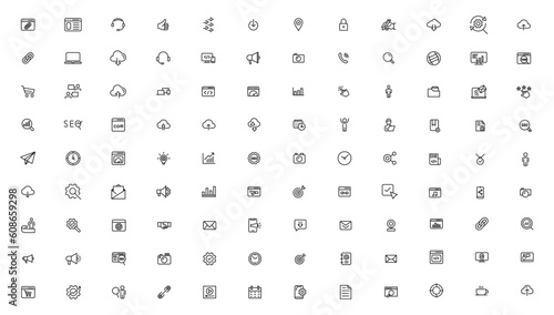 Search Engine Optimization and web development. Thin line web icon collection