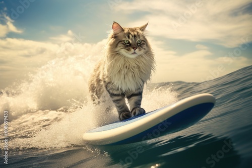 Image of a Ragdoll cat surfing big waves on a surfboard at the beach on a sunny day.
