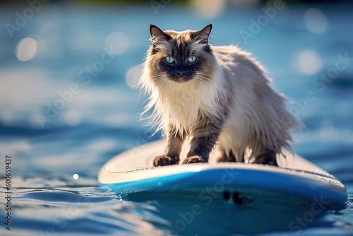 Image of a Ragdoll cat surfing big waves on a surfboard at the beach on a sunny day.