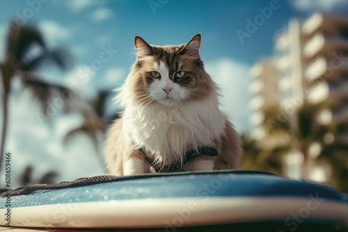 Image of a Ragdoll cat surfing big waves on a surfboard at the beach on a sunny day.