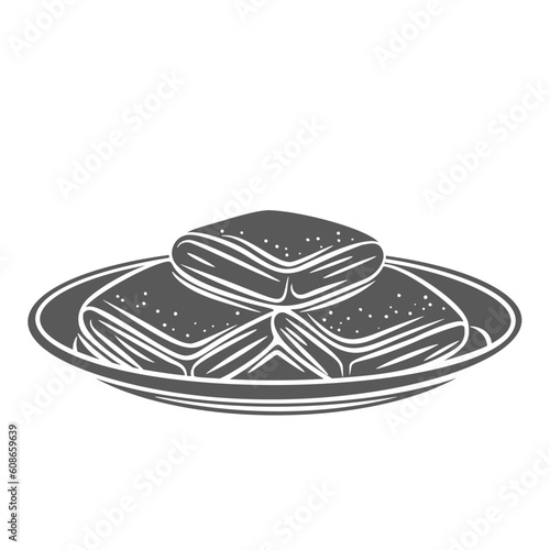 Beignet cakes on plate glyph icon vector illustration. Stamp of fresh and hot deep fried flour dough pieces, beignets with filling and sugar powder, traditional American, French and Italian dessert photo