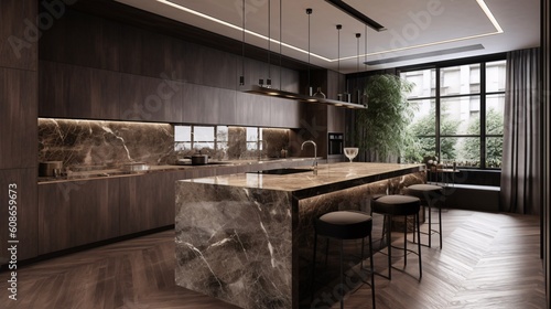 Luxury kitchen and dining room with black marble countertop, Emperador brown tiles. Modern concpet. Created with generative AI