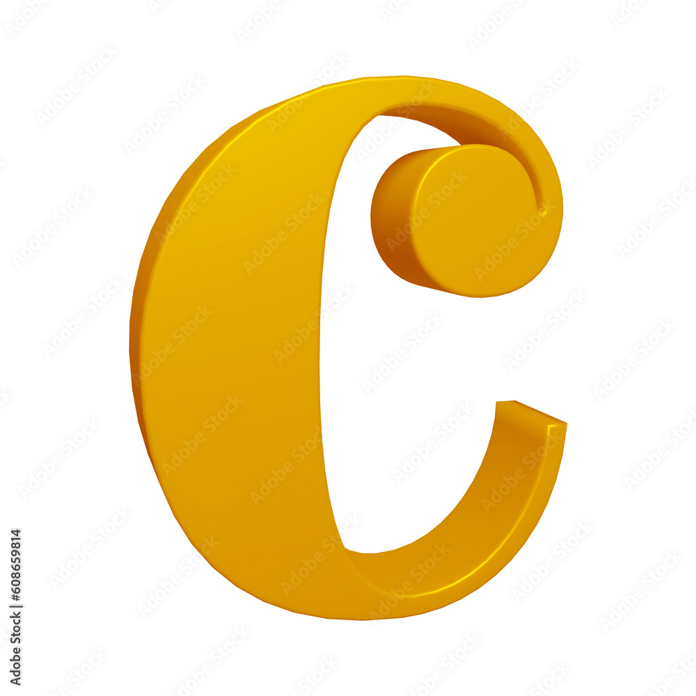 Golden alphabet letter c in 3d rendering for education, text concept
