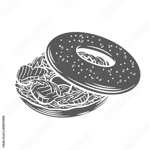 Bagel sandwich with smoked salmon glyph icon vector illustration. Stamp of American fast food for brunch in restaurant or cafe, delicious sesame bagel circles with fish, cream cheese and salad leaf