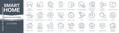 Smart home linear signed icon collection. Signed thin line icons collection. Set of smart home simple outline icons
