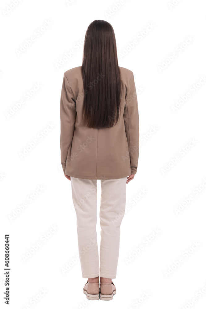 Businesswoman in suit on white background, back view Businesswoman in suit on white background, back view