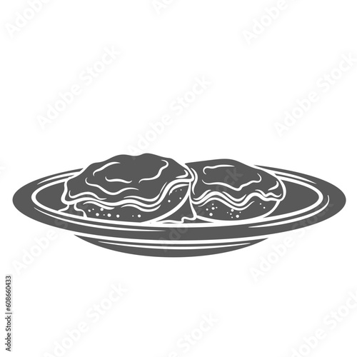 Biscuits and gravy glyph icon vector illustration. Stamp of plate with soft dough biscuit and sauce of sausages for breakfast, hot morning dish for restaurant and home in traditional American food