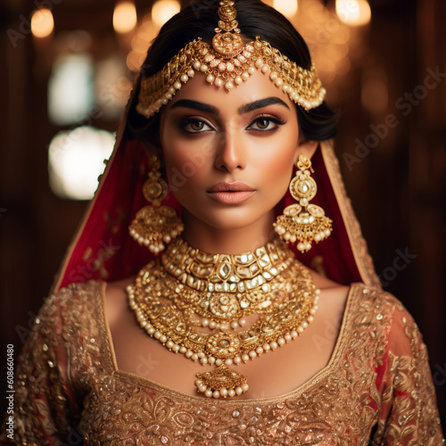 Portrait of Indian bridal woman with traditional ethnic wear with jewellery, generative AI
