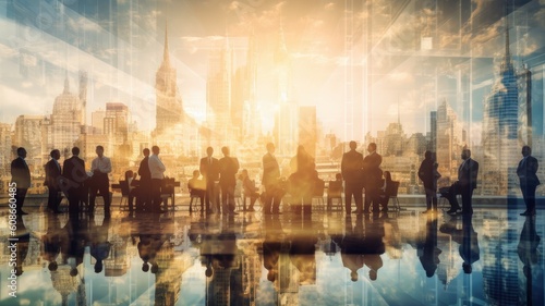 Double exposure image of many business people and modern smart city   Generative AI