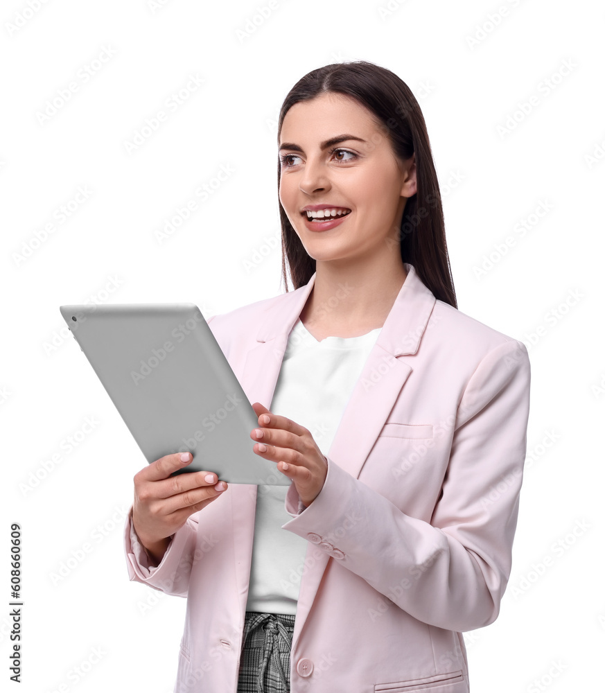Beautiful businesswoman with tablet on white background Beautiful businesswoman with tablet on white background