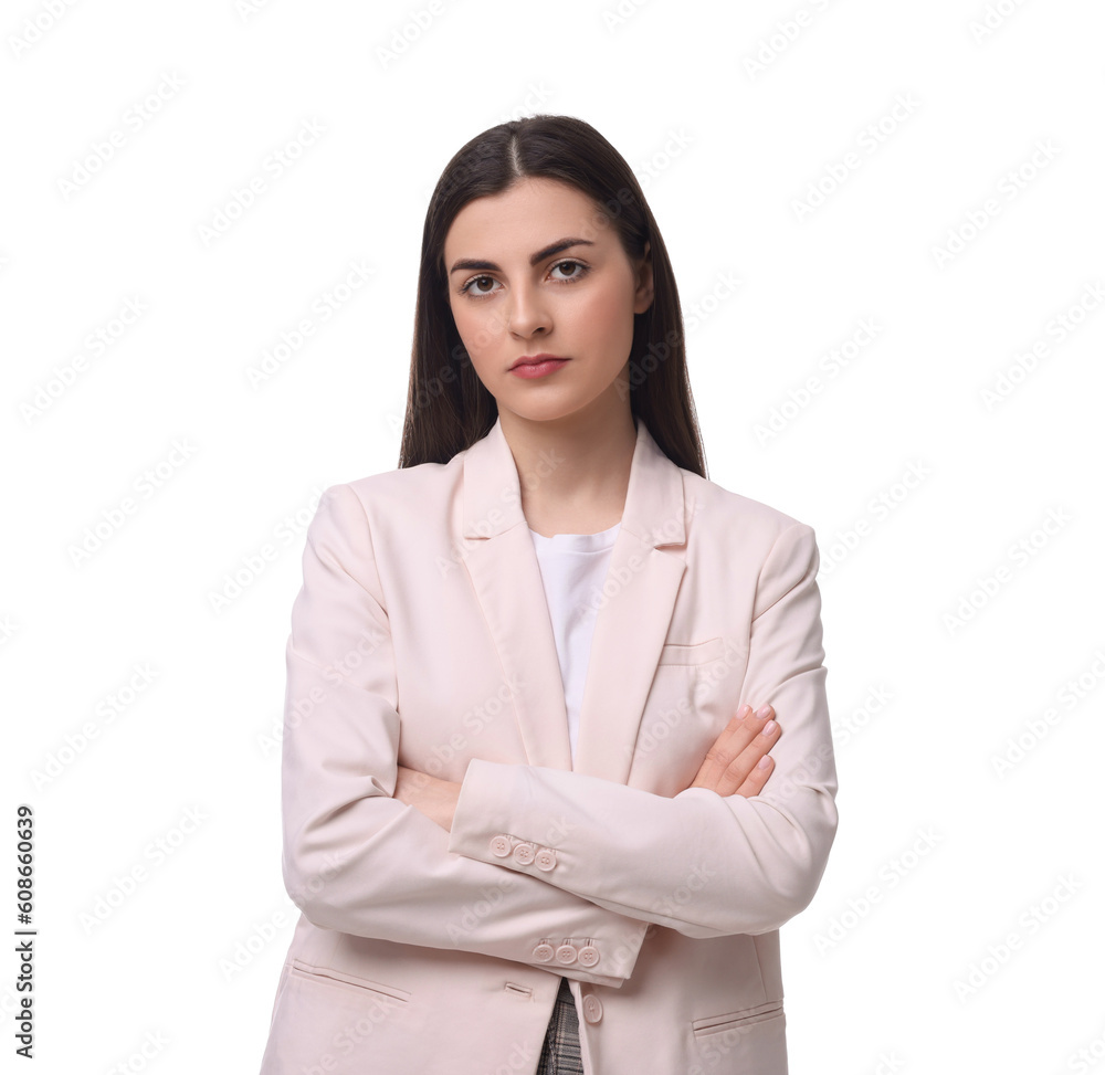 Beautiful young businesswoman crossing arms on white background Beautiful young businesswoman crossing arms on white background