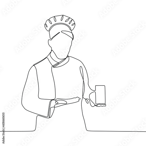 continuous line drawing of a chef man carrying a phone