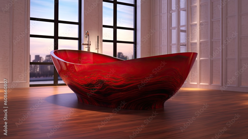 Modern red epoxy resin bathtub to make a really astonishing bathroom.  Generative AI Technology Stock Illustration | Adobe Stock