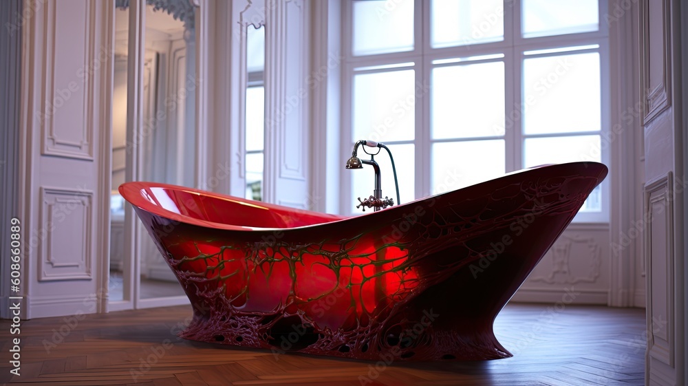 Modern red epoxy resin bathtub to make a really astonishing bathroom.  Generative AI Technology Stock Illustration | Adobe Stock