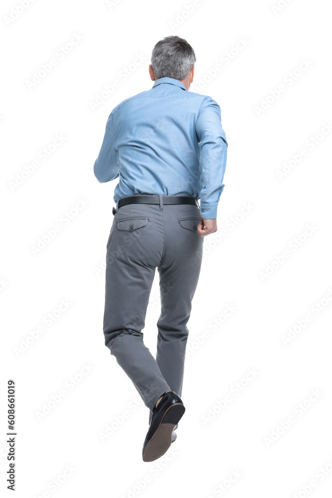 Mature businessman in stylish clothes posing on white background, back view Mature businessman in stylish clothes posing on white background, back view