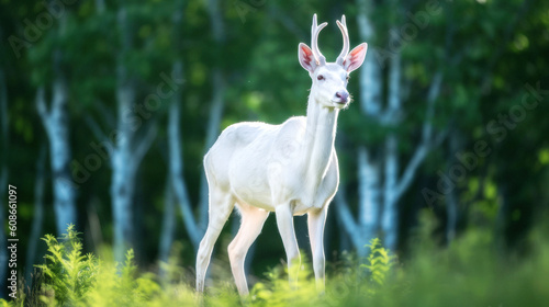 Under a bright summer sky, a rare albino deer stands in mallow grass, at the verdant forest's edge. Its majestic aura illuminates the serene landscape. Generative AI