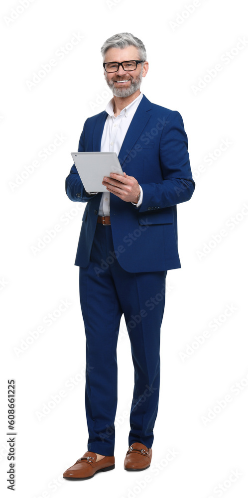 Mature businessman in stylish clothes with tablet on white background Mature businessman in stylish clothes with tablet on white background