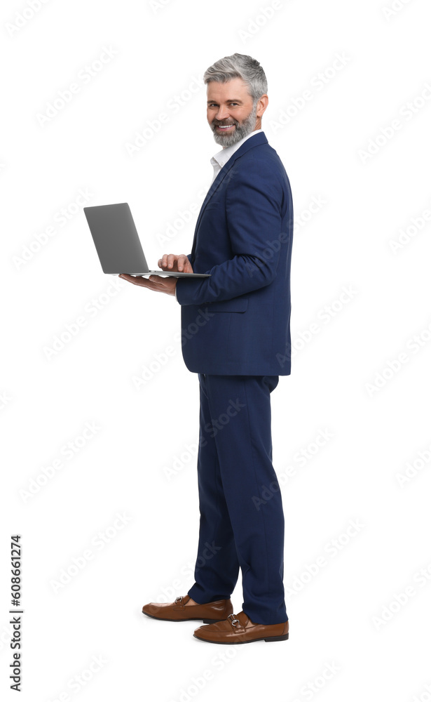 Mature businessman in stylish clothes with laptop on white background Mature businessman in stylish clothes with laptop on white background