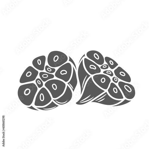 Halves of garlic bulb glyph icon vector illustration. Stamp of whole vegetable in peel cut across, sliced organic ripe head of garlic with circle cut for cooking and flavoring vegetarian dish
