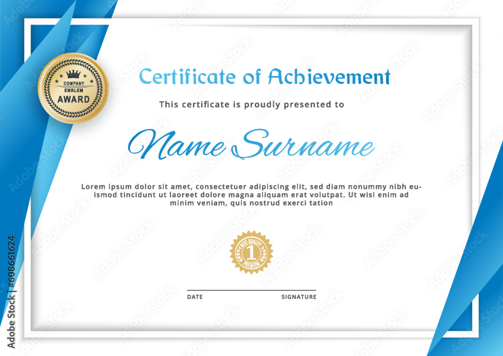 Obraz premium Certificate white line border. Blue gradient triangles on white background. Certificate blank, Vector illustration