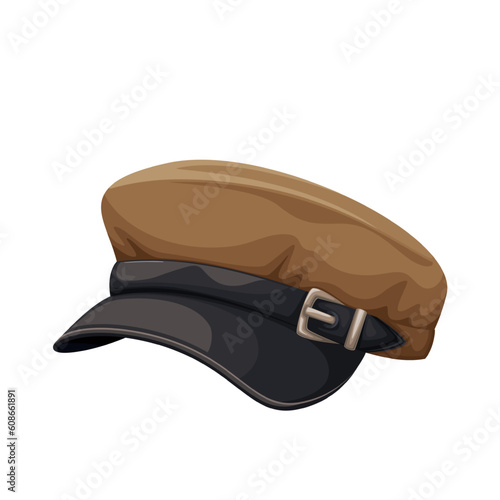 Newsboy cap vector illustration. Cartoon isolated fabric retro peaked hat with leather visor, stylish belt and buckle, vintage textile fashion flat cap, headgear for cold winter and autumn weather