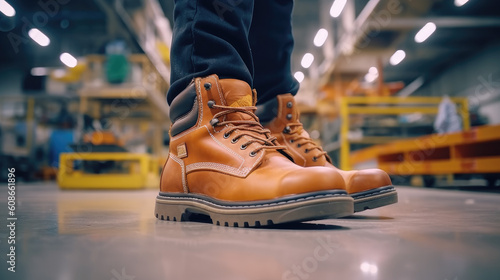 Generative AI Workers use brown boots, these safety shoes are made of leather, these shoes are used to protect feet from injury while working © bannafarsai
