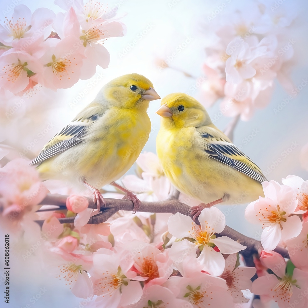 Pair of yellow birds in spring nature. Pastel color style in pink tones - Generative AI Pair of yellow birds in spring nature. Pastel color style in pink tones - Generative AI