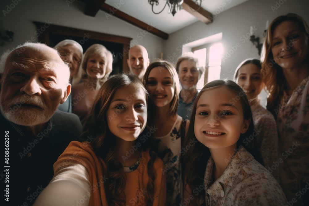 Portrait of happy caucasian family embracing at home, created using generative ai technology Portrait of happy caucasian family embracing at home, created using generative ai technology