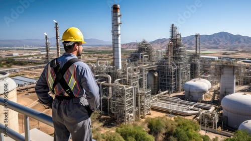 Generative AI Construction Engineering. Refinery engineer oil industry hands hold worker helmet hard hat. Refinery industry engineering