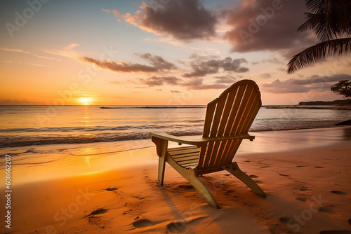 Beach chair on tropical beach at sunset. Generative AI