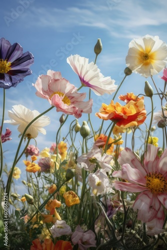 Colourful spring flowers at field over blue sky and clouds  created using generative ai technology