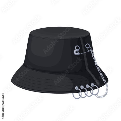 Bucket hat with decor vector illustration. Cartoon isolated black unisex fashion panama with metal ring, chain and pin on visor brim, cool hat design for trendy fashion outfit of man or woman hipster