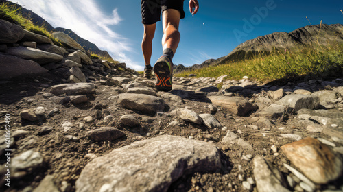 Generative AI Trail running athlete exercising for fitness and health outdoors on mountain pathway, closeup of running shoes in action