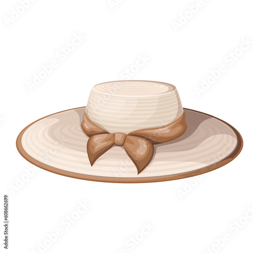 Summer straw beach hat vector illustration. Cartoon isolated big sunhat for girls with brown ribbon and bow, womens hat with wide brim for sun protection on vacation, female fashion headgear
