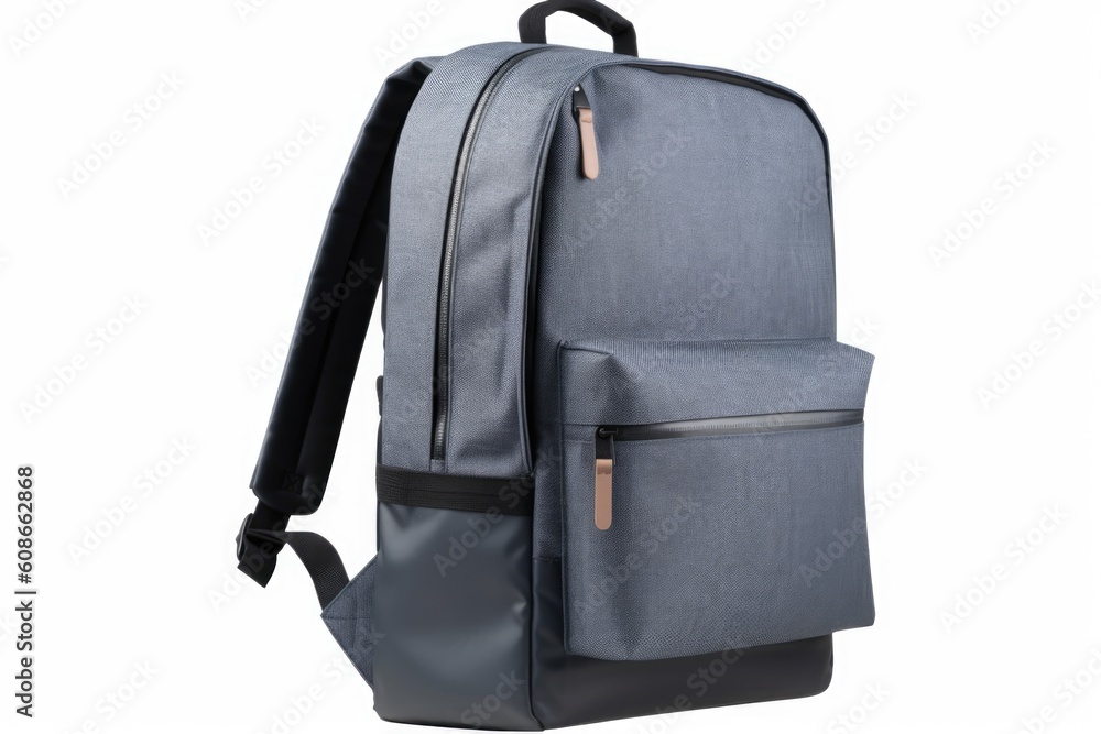 Close up of grey school bag on grey background, created using generative ai technology Close up of grey school bag on grey background, created using generative ai technology