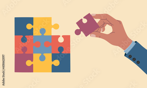 Businessman hand connect a last piece of puzzle. Concept of business solution and strategy. Teamwork, cooperation.Hand drawn vector illustration isolated on light background, flat cartoon style.