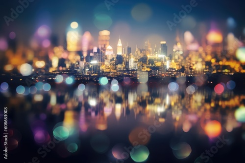Cityscape at night with glowing bokeh lights, created using generative ai technology