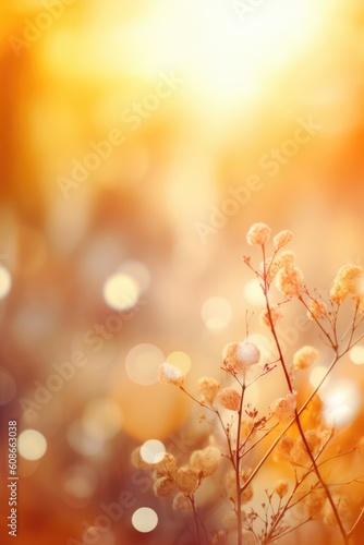 Plants and yellow sunlight with bokeh lights and water drops, created using generative ai technology