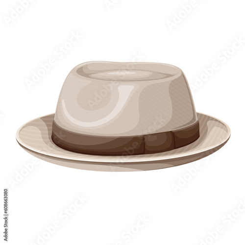 Homburg hat vector illustration. Cartoon isolated beige hat with brim and brown ribbon, retro fashion hipsters cap for head of trendy men and women, vintage fabric summer accessory of gentelman